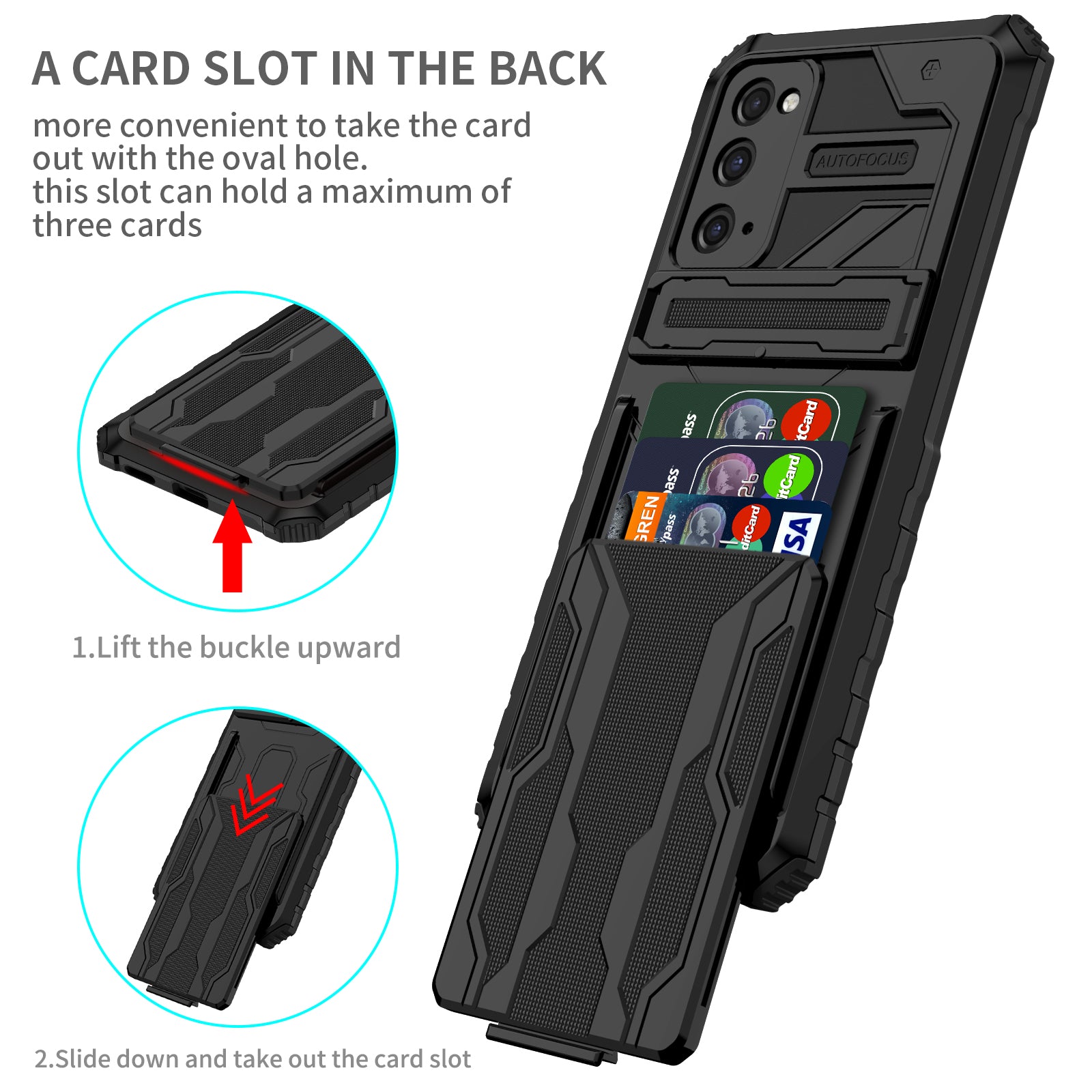 Detachable Card Slot Design PC + TPU Phone Hybrid Case Shell with Kickstand for Samsung Galaxy S20 FE 2022/S20 FE/S20 FE 5G/S20 Lite - Black