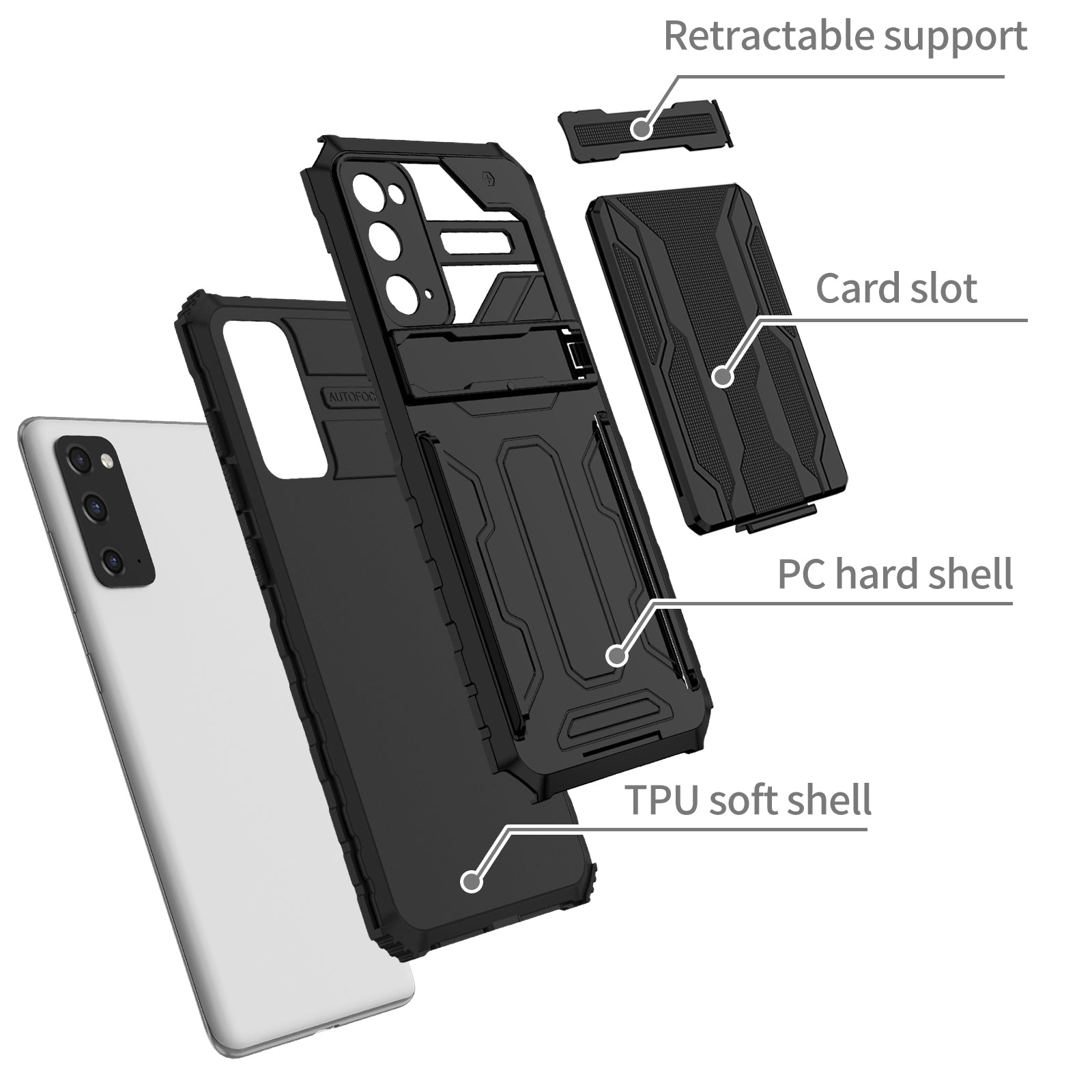 Detachable Card Slot Design PC + TPU Phone Hybrid Case Shell with Kickstand for Samsung Galaxy S20 FE 2022/S20 FE/S20 FE 5G/S20 Lite - Black