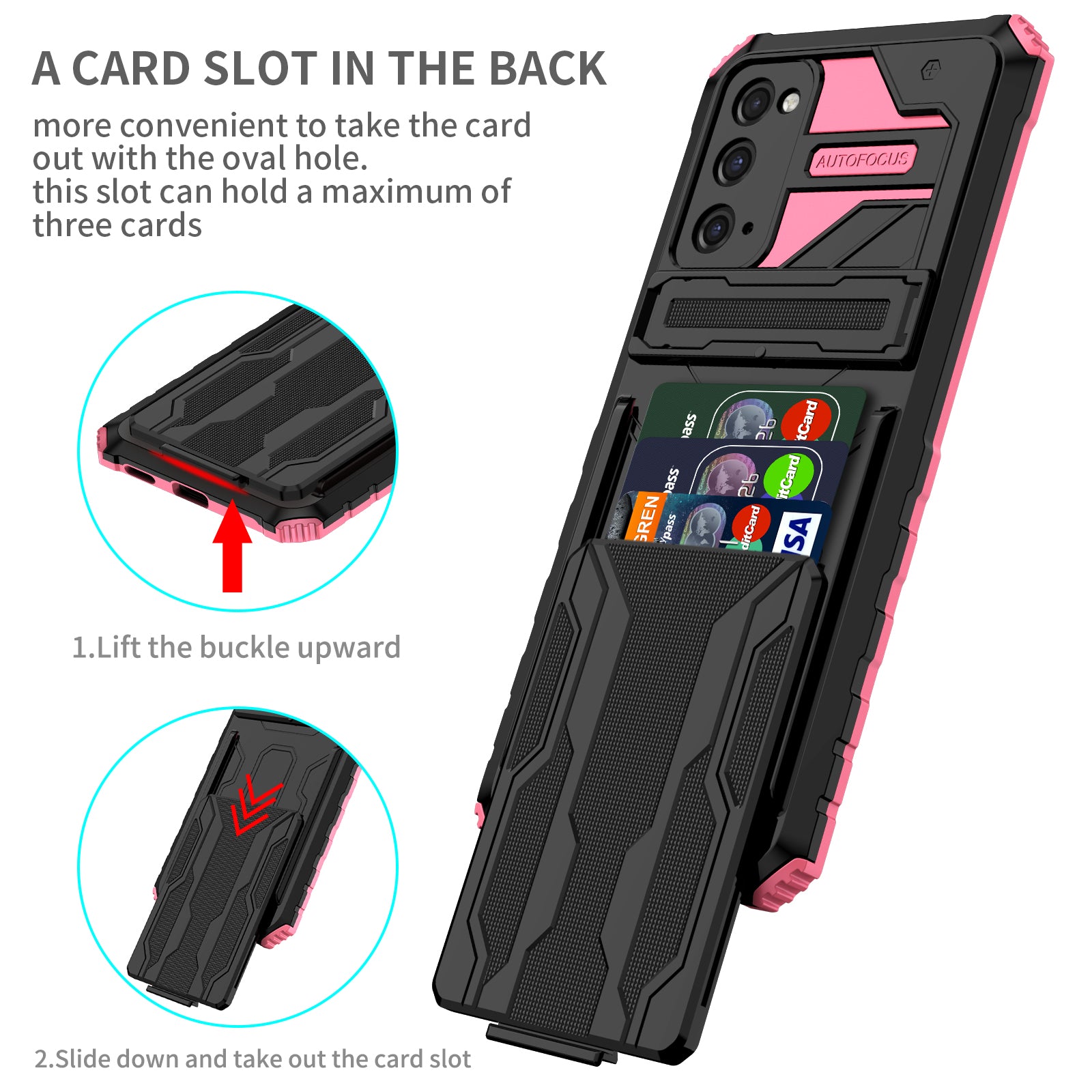 Detachable Card Slot Design PC + TPU Phone Hybrid Case Shell with Kickstand for Samsung Galaxy S20 FE 2022/S20 FE/S20 FE 5G/S20 Lite - Pink