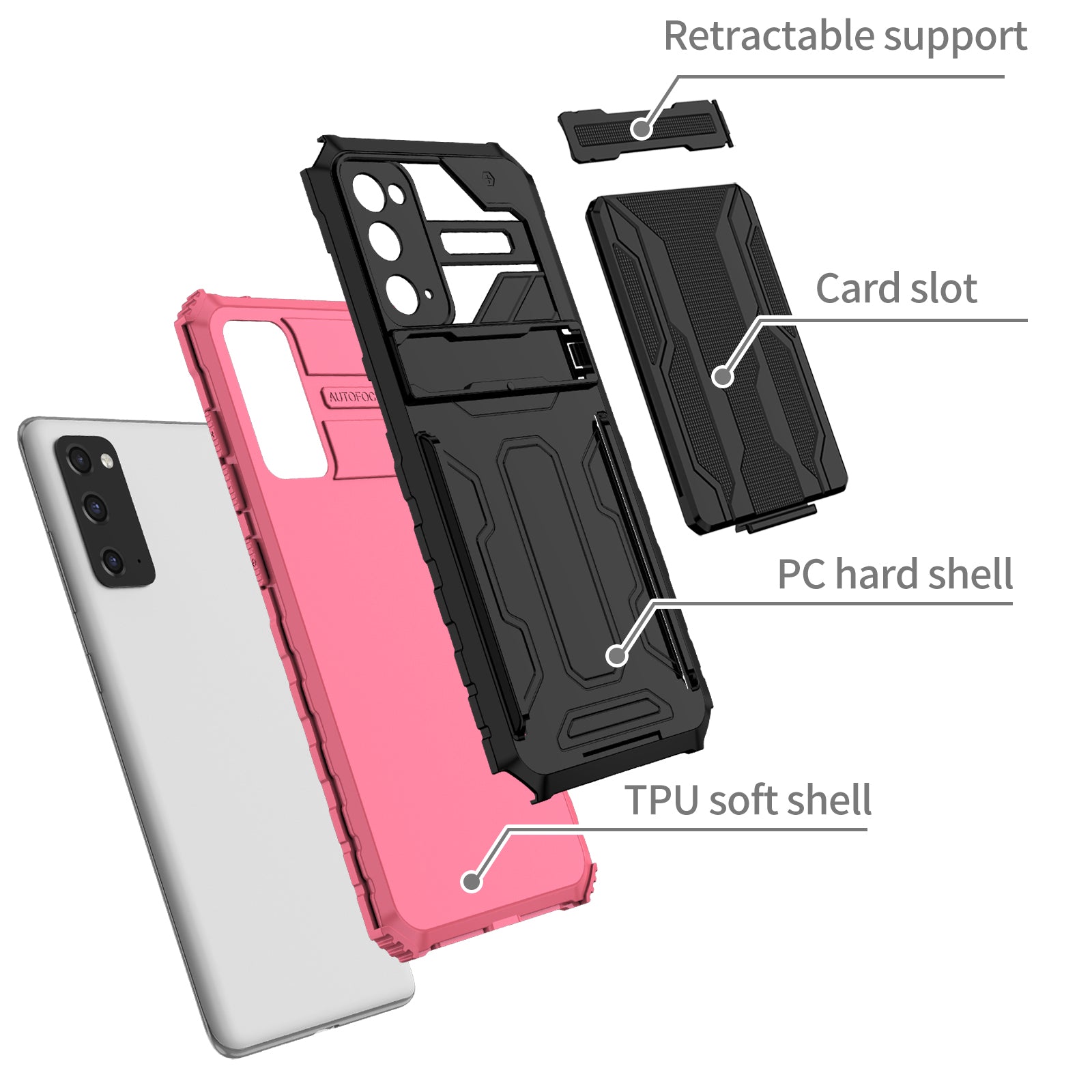 Detachable Card Slot Design PC + TPU Phone Hybrid Case Shell with Kickstand for Samsung Galaxy S20 FE 2022/S20 FE/S20 FE 5G/S20 Lite - Pink