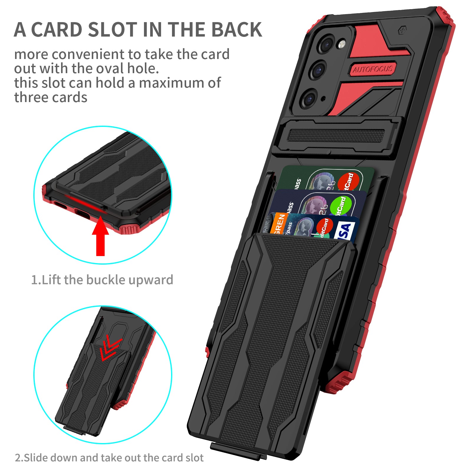 Detachable Card Slot Design PC + TPU Phone Hybrid Case Shell with Kickstand for Samsung Galaxy S20 FE 2022/S20 FE/S20 FE 5G/S20 Lite - Red