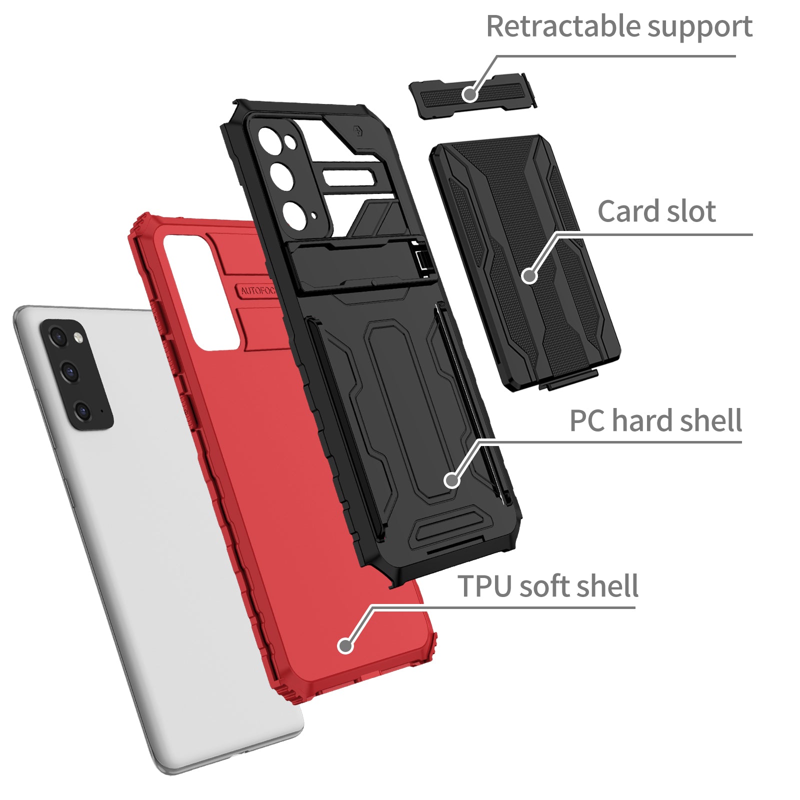 Detachable Card Slot Design PC + TPU Phone Hybrid Case Shell with Kickstand for Samsung Galaxy S20 FE 2022/S20 FE/S20 FE 5G/S20 Lite - Red