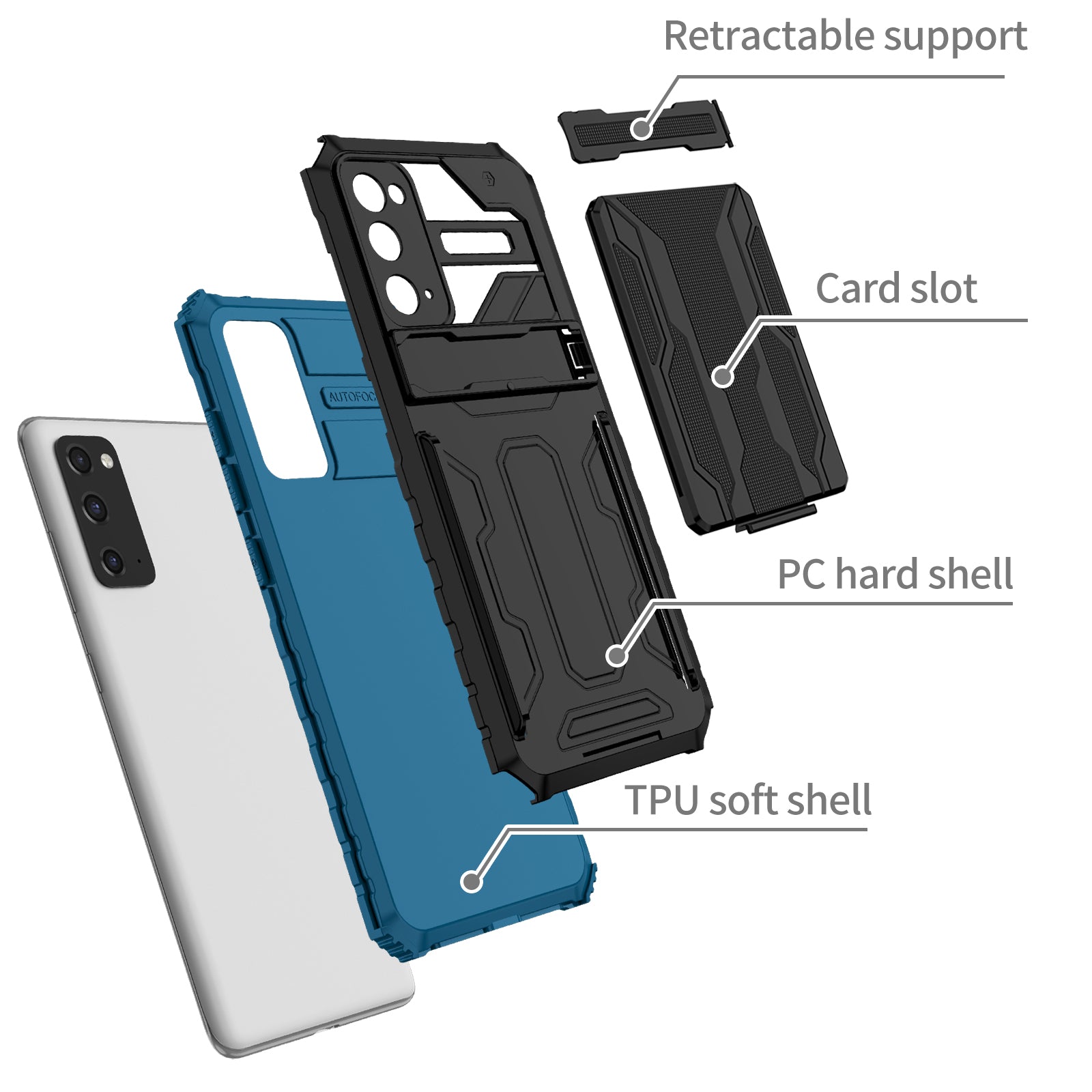 Detachable Card Slot Design PC + TPU Phone Hybrid Case Shell with Kickstand for Samsung Galaxy S20 FE 2022/S20 FE/S20 FE 5G/S20 Lite - Blue