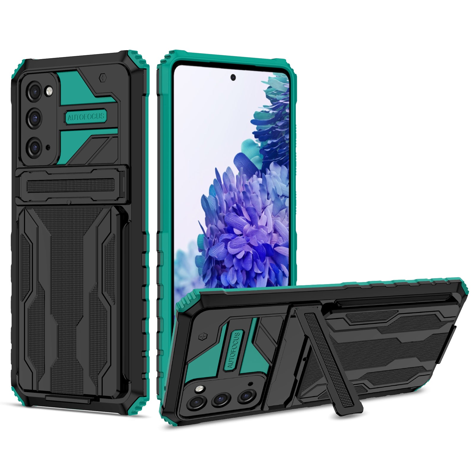 Detachable Card Slot Design PC + TPU Phone Hybrid Case Shell with Kickstand for Samsung Galaxy S20 FE 2022/S20 FE/S20 FE 5G/S20 Lite - Blackish Green