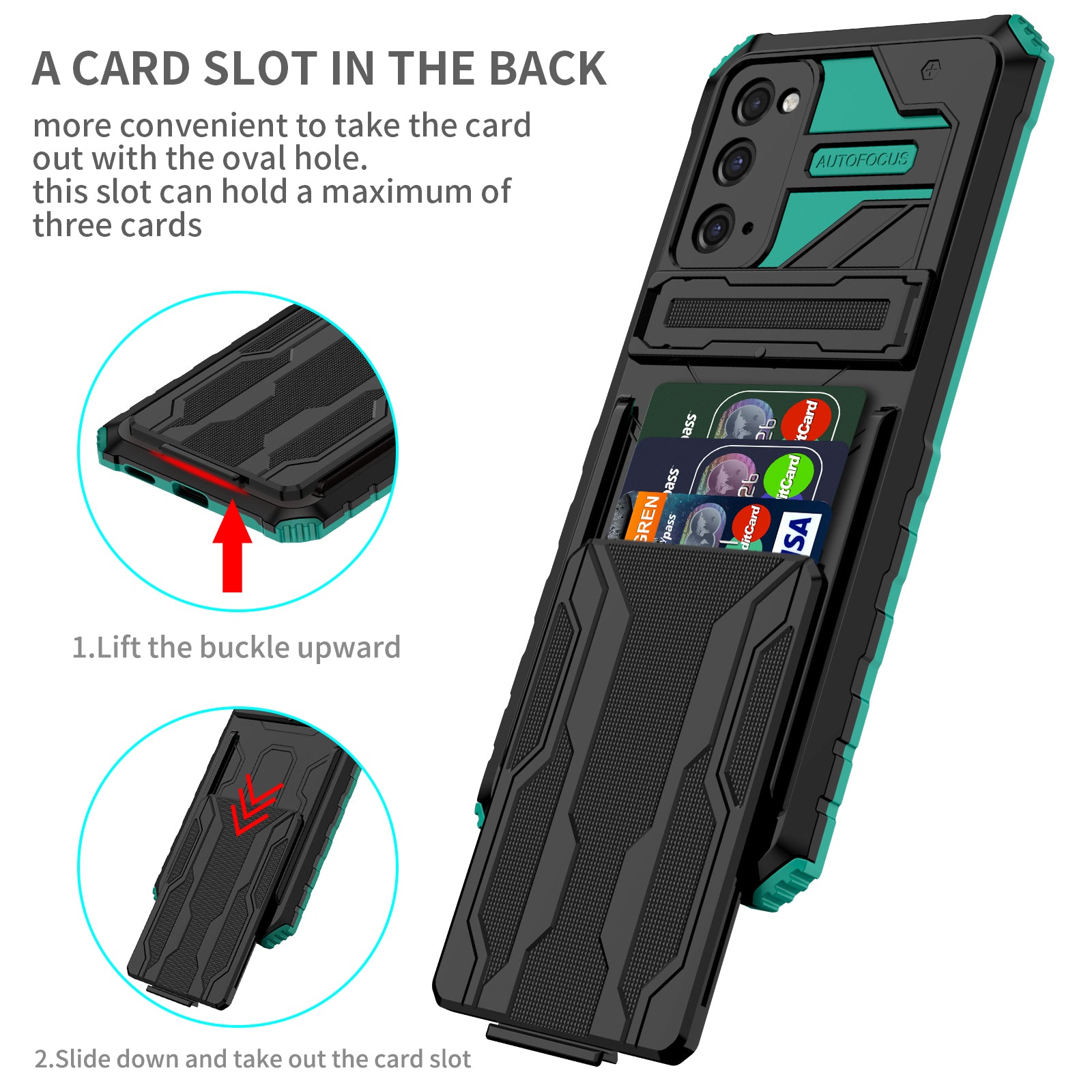 Detachable Card Slot Design PC + TPU Phone Hybrid Case Shell with Kickstand for Samsung Galaxy S20 FE 2022/S20 FE/S20 FE 5G/S20 Lite - Blackish Green