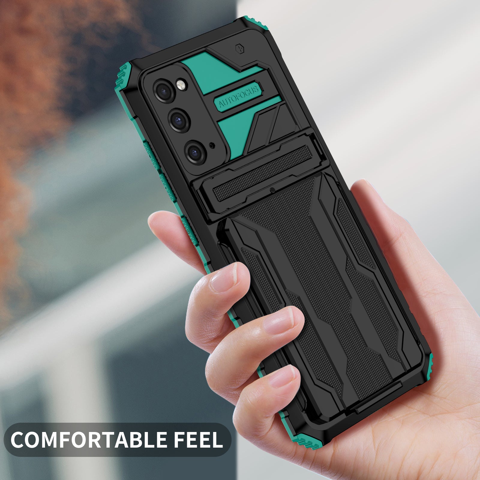 Detachable Card Slot Design PC + TPU Phone Hybrid Case Shell with Kickstand for Samsung Galaxy S20 FE 2022/S20 FE/S20 FE 5G/S20 Lite - Blackish Green