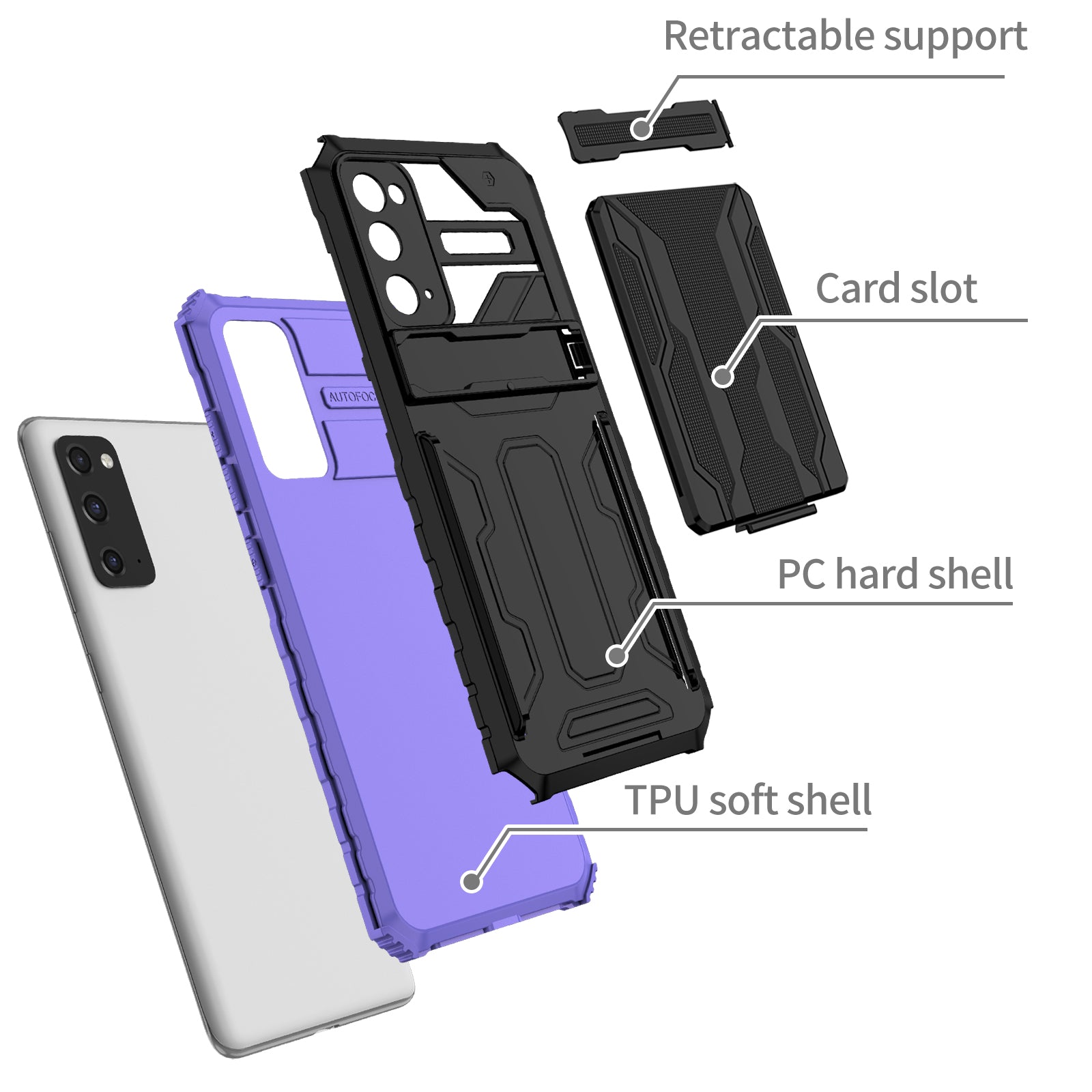 Detachable Card Slot Design PC + TPU Phone Hybrid Case Shell with Kickstand for Samsung Galaxy S20 FE 2022/S20 FE/S20 FE 5G/S20 Lite - Purple