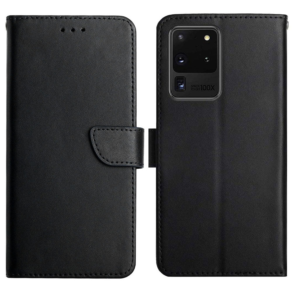 Solid Color Nappa Texture Case Wallet Genuine Leather Fingerprint-proof Scratch-proof Phone Cover with Stand for Samsung Galaxy S20 Ultra - Black