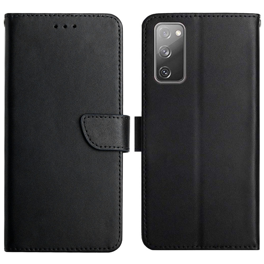 Solid Color Nappa Texture Case Magnetic Clasp Wallet Genuine Leather Phone Case with Stand for Samsung Galaxy S20 FE 2022/S20 FE/S20 FE 5G/S20 Lite - Black