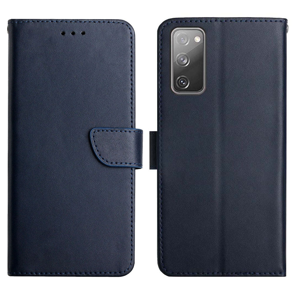 Solid Color Nappa Texture Case Magnetic Clasp Wallet Genuine Leather Phone Case with Stand for Samsung Galaxy S20 FE 2022/S20 FE/S20 FE 5G/S20 Lite - Blue