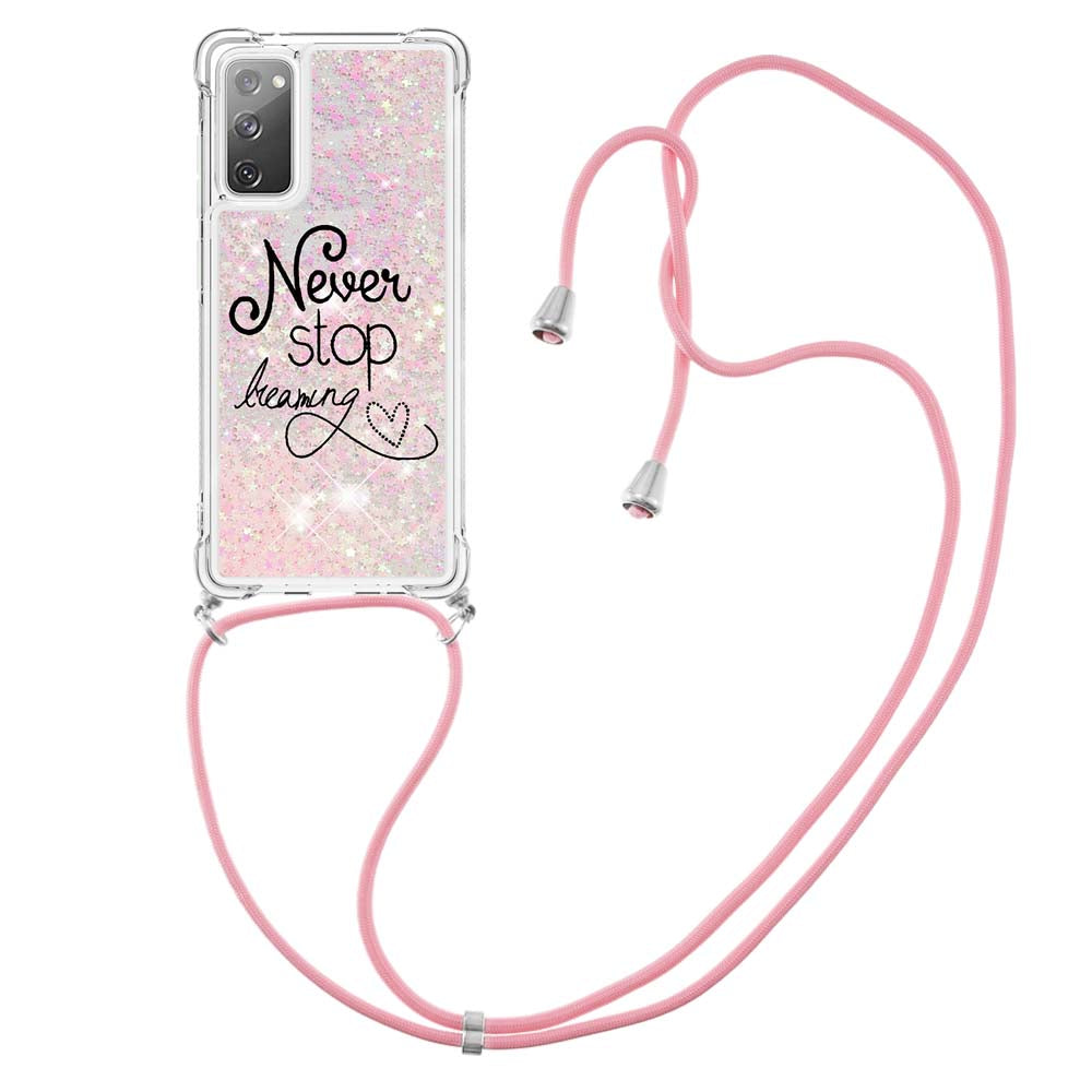 Sparkle Quicksand Series Soft TPU Pattern Printing Protective Back Case with Lanyard for Samsung Galaxy S20 FE 2022/S20 FE/S20 FE 5G/S20 Lite - Never Stop Dreaming