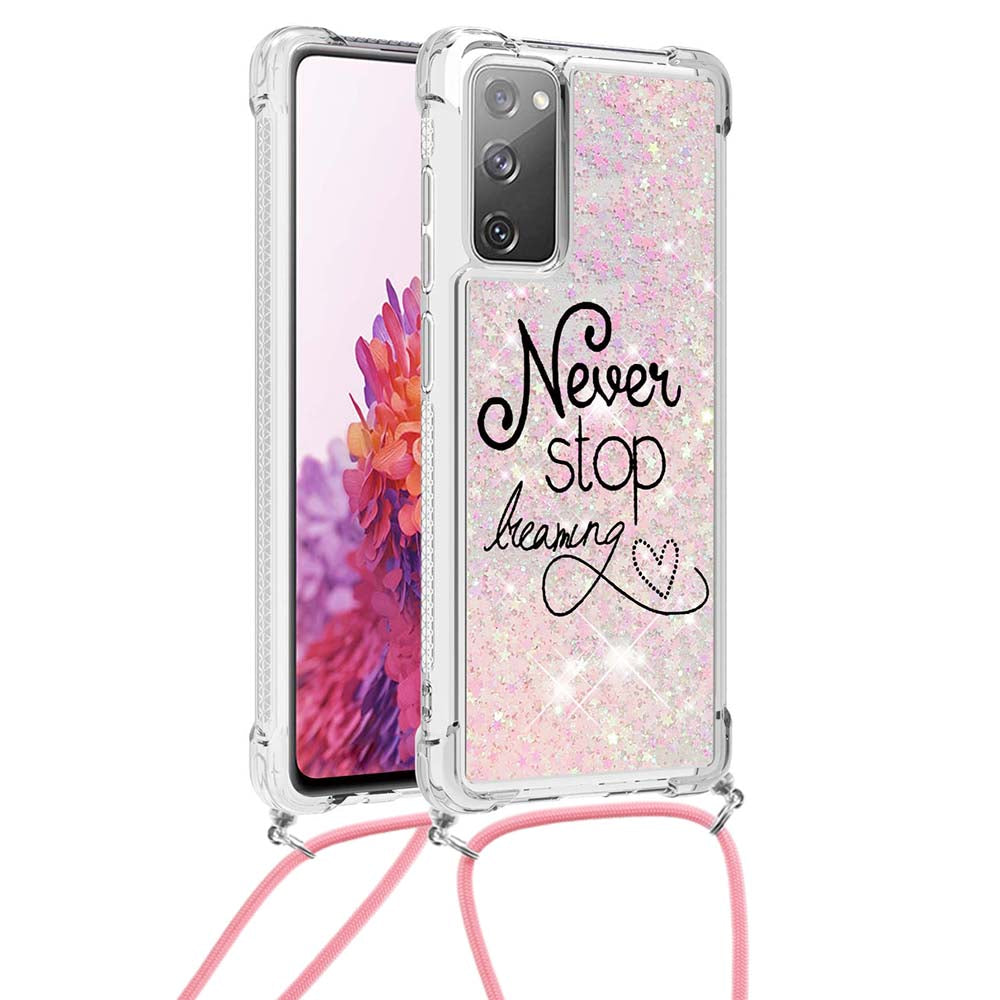 Sparkle Quicksand Series Soft TPU Pattern Printing Protective Back Case with Lanyard for Samsung Galaxy S20 FE 2022/S20 FE/S20 FE 5G/S20 Lite - Never Stop Dreaming