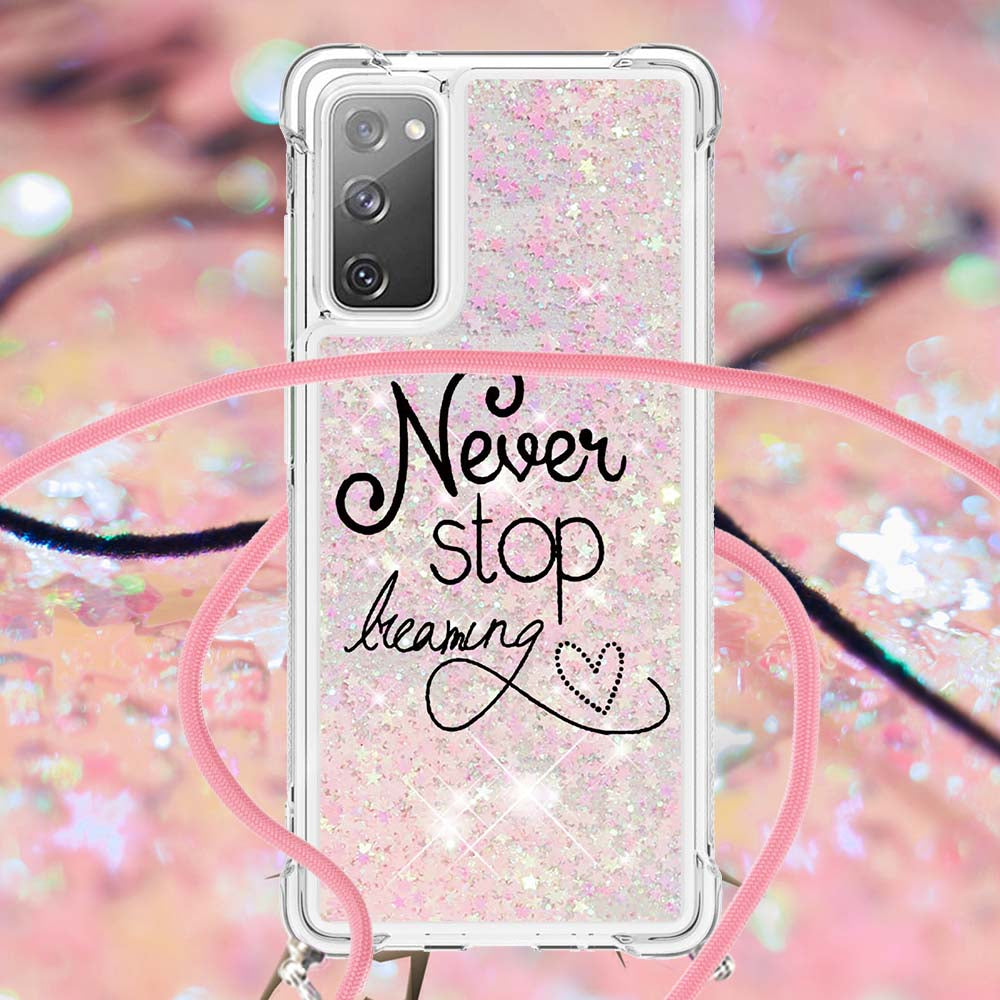 Sparkle Quicksand Series Soft TPU Pattern Printing Protective Back Case with Lanyard for Samsung Galaxy S20 FE 2022/S20 FE/S20 FE 5G/S20 Lite - Never Stop Dreaming