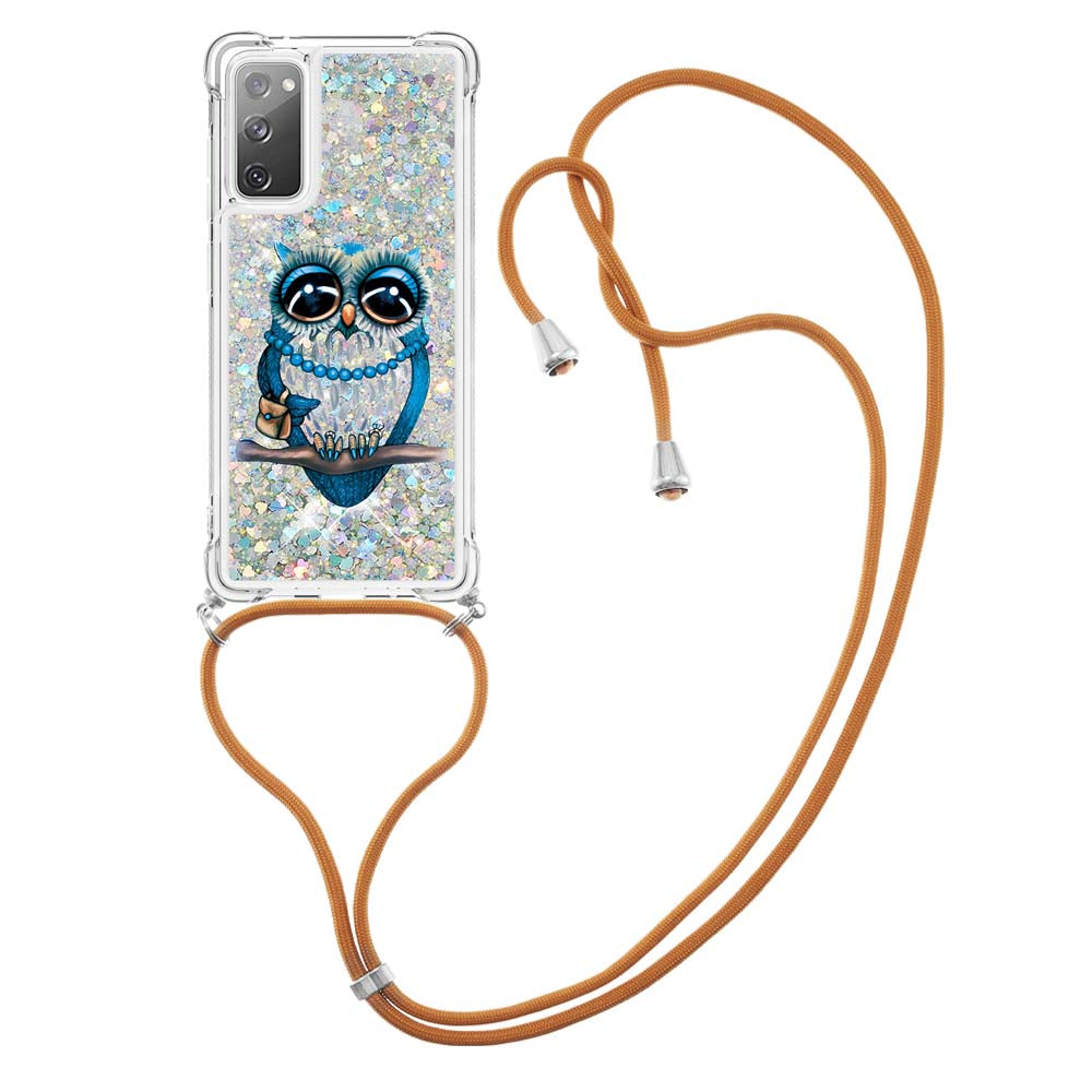 Sparkle Quicksand Series Soft TPU Pattern Printing Protective Back Case with Lanyard for Samsung Galaxy S20 FE 2022/S20 FE/S20 FE 5G/S20 Lite - Owl