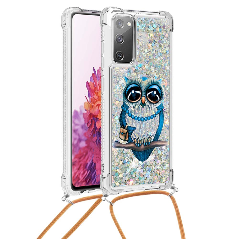 Sparkle Quicksand Series Soft TPU Pattern Printing Protective Back Case with Lanyard for Samsung Galaxy S20 FE 2022/S20 FE/S20 FE 5G/S20 Lite - Owl