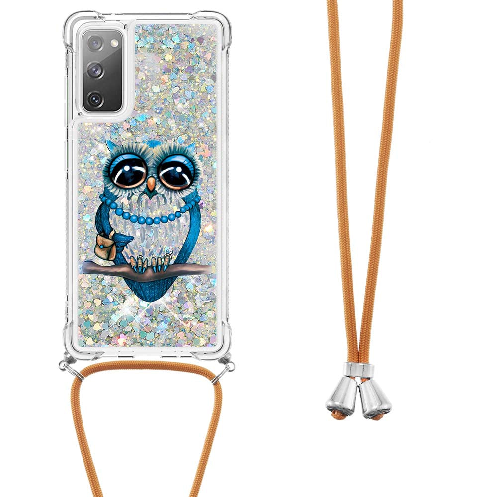 Sparkle Quicksand Series Soft TPU Pattern Printing Protective Back Case with Lanyard for Samsung Galaxy S20 FE 2022/S20 FE/S20 FE 5G/S20 Lite - Owl