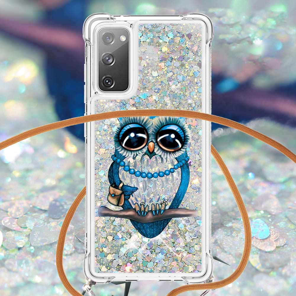 Sparkle Quicksand Series Soft TPU Pattern Printing Protective Back Case with Lanyard for Samsung Galaxy S20 FE 2022/S20 FE/S20 FE 5G/S20 Lite - Owl