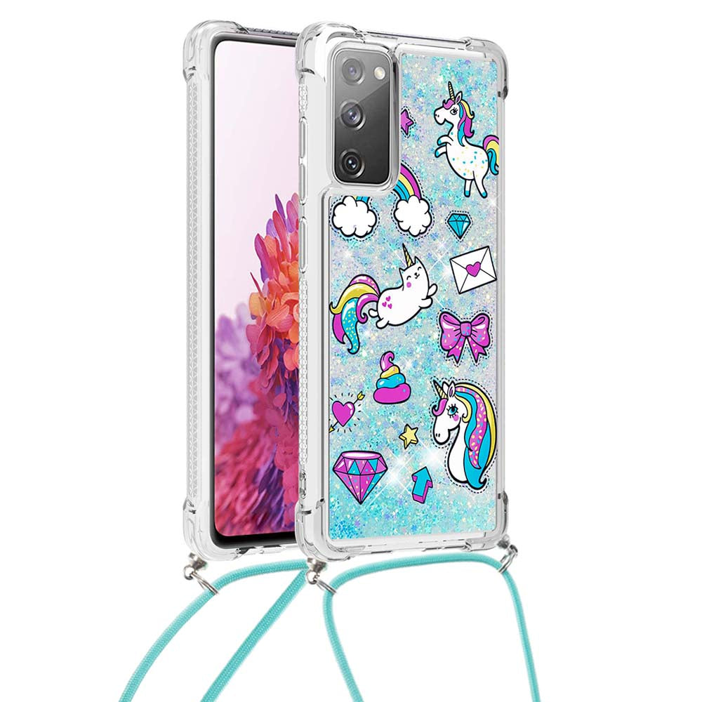 Sparkle Quicksand Series Soft TPU Pattern Printing Protective Back Case with Lanyard for Samsung Galaxy S20 FE 2022/S20 FE/S20 FE 5G/S20 Lite - Unicorns and Cat