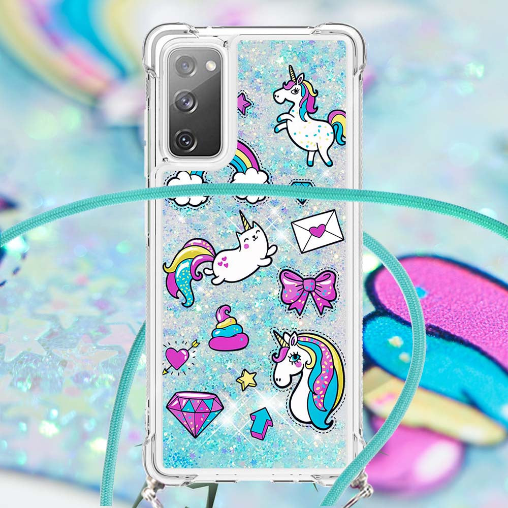 Sparkle Quicksand Series Soft TPU Pattern Printing Protective Back Case with Lanyard for Samsung Galaxy S20 FE 2022/S20 FE/S20 FE 5G/S20 Lite - Unicorns and Cat