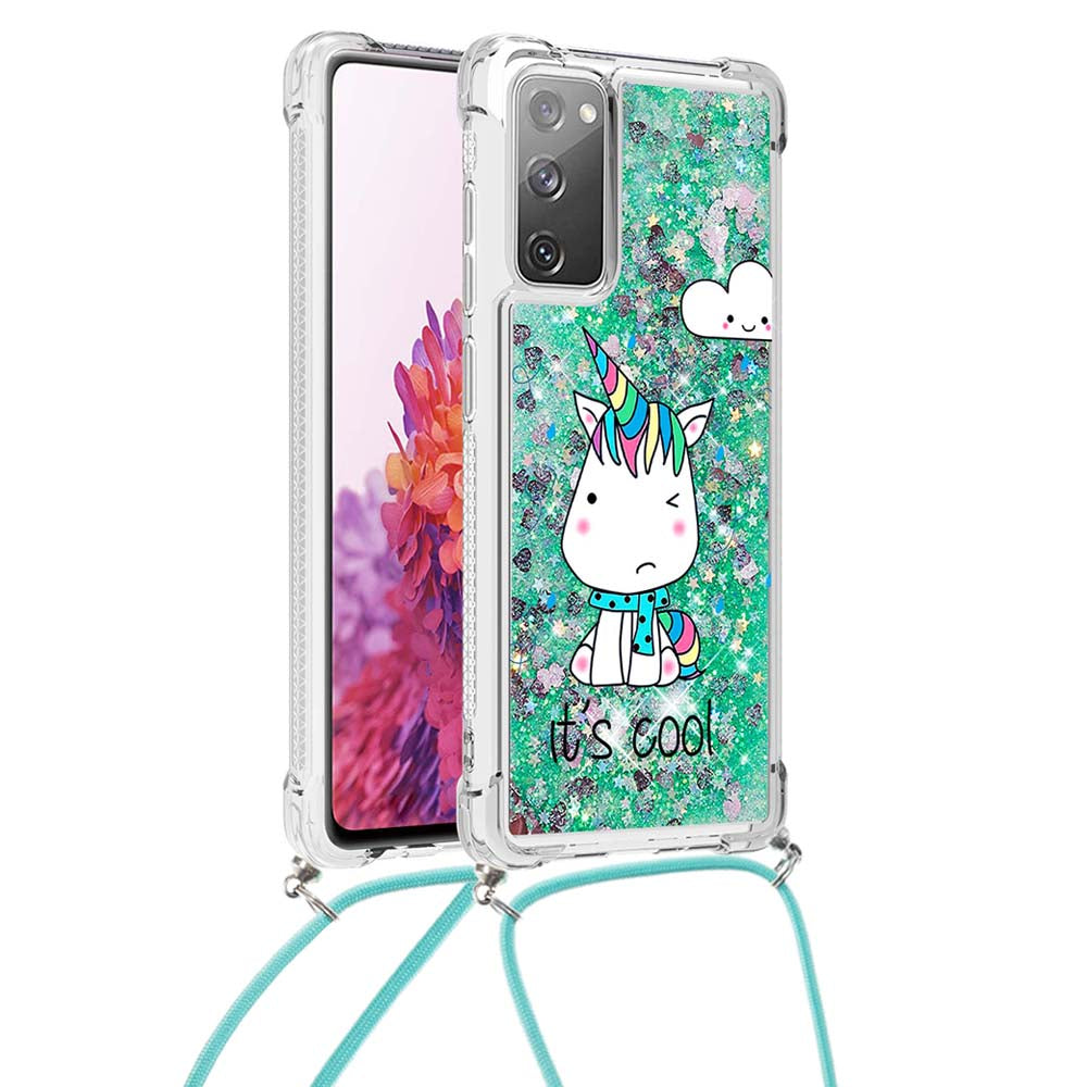 Sparkle Quicksand Series Soft TPU Pattern Printing Protective Back Case with Lanyard for Samsung Galaxy S20 FE 2022/S20 FE/S20 FE 5G/S20 Lite - Cool Unicorn