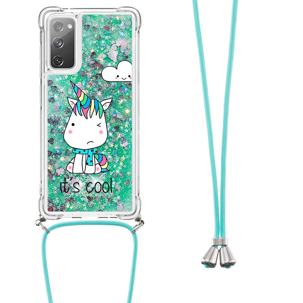 Sparkle Quicksand Series Soft TPU Pattern Printing Protective Back Case with Lanyard for Samsung Galaxy S20 FE 2022/S20 FE/S20 FE 5G/S20 Lite - Cool Unicorn