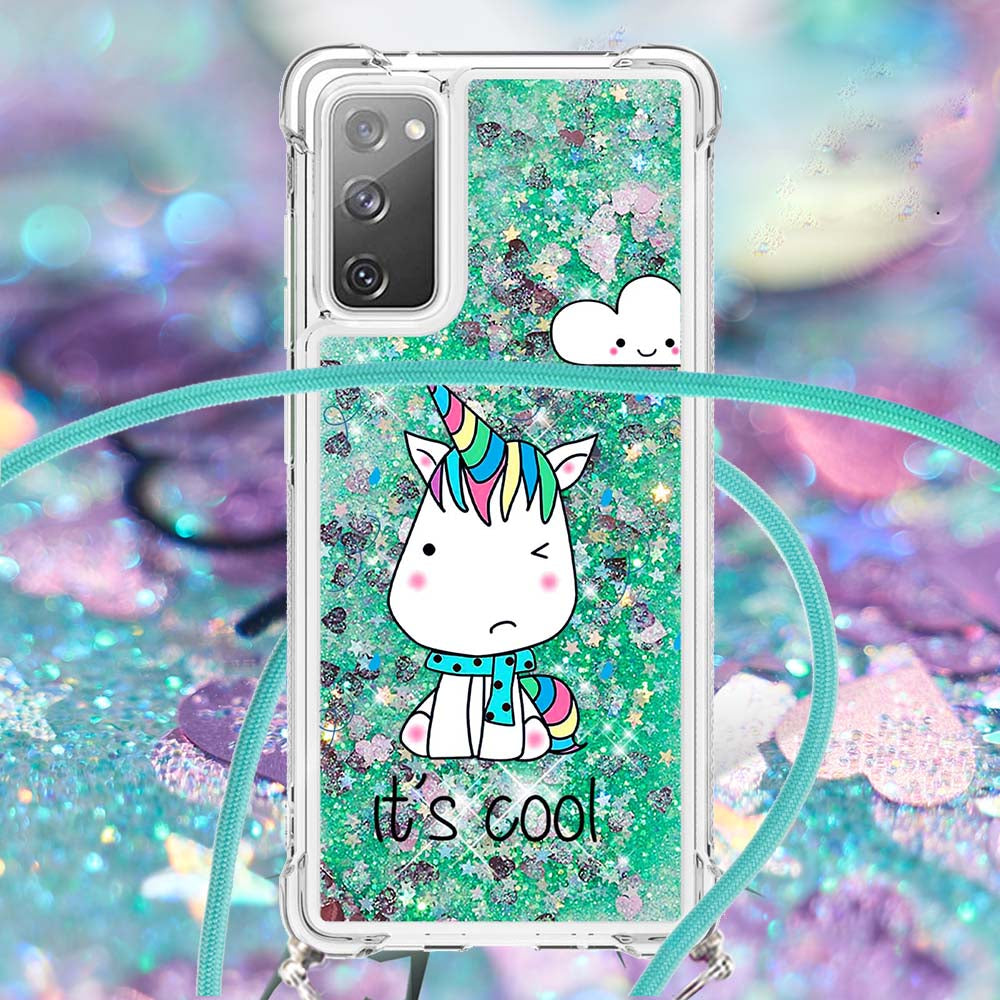 Sparkle Quicksand Series Soft TPU Pattern Printing Protective Back Case with Lanyard for Samsung Galaxy S20 FE 2022/S20 FE/S20 FE 5G/S20 Lite - Cool Unicorn