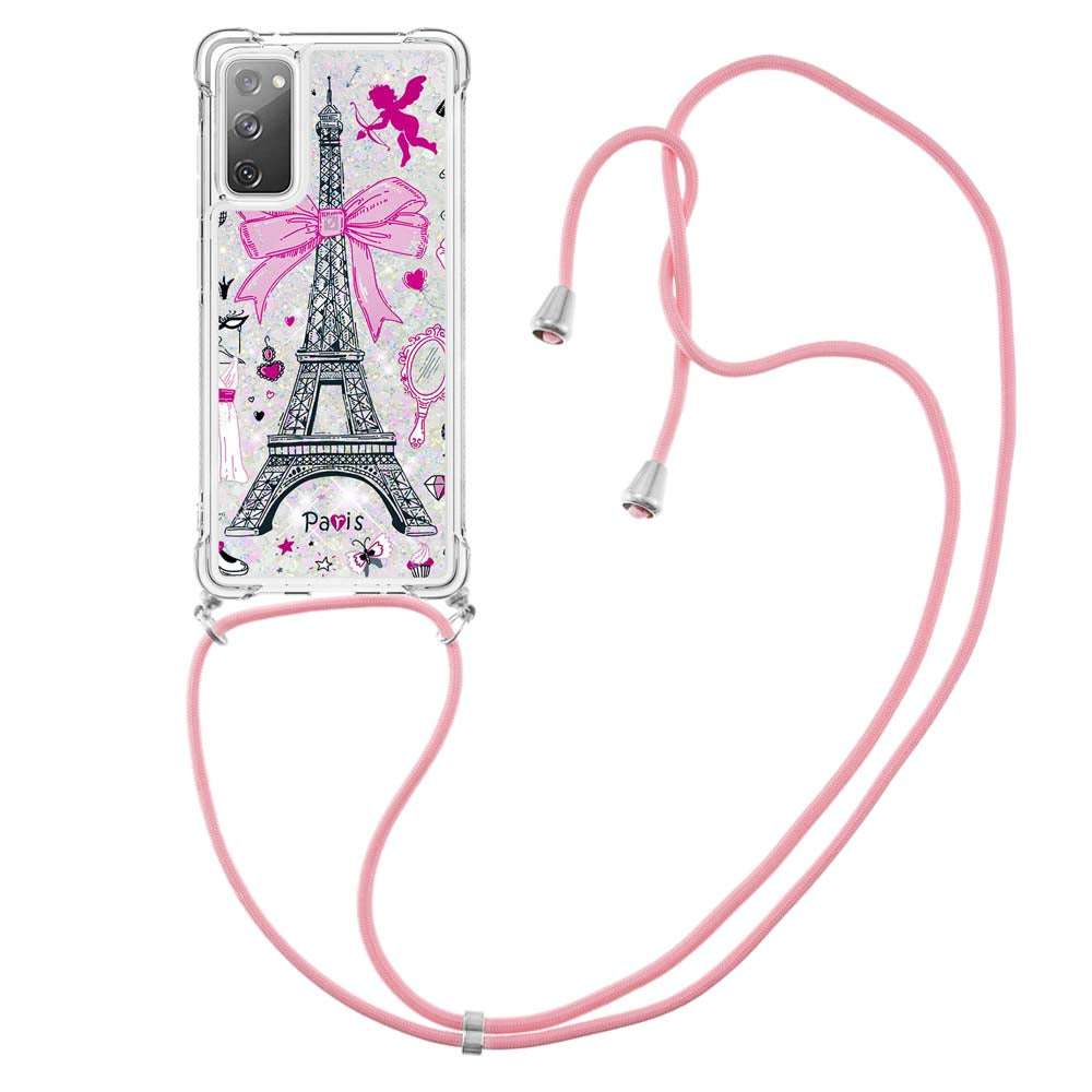 Sparkle Quicksand Series Soft TPU Pattern Printing Protective Back Case with Lanyard for Samsung Galaxy S20 FE 2022/S20 FE/S20 FE 5G/S20 Lite - Mirror/Tower