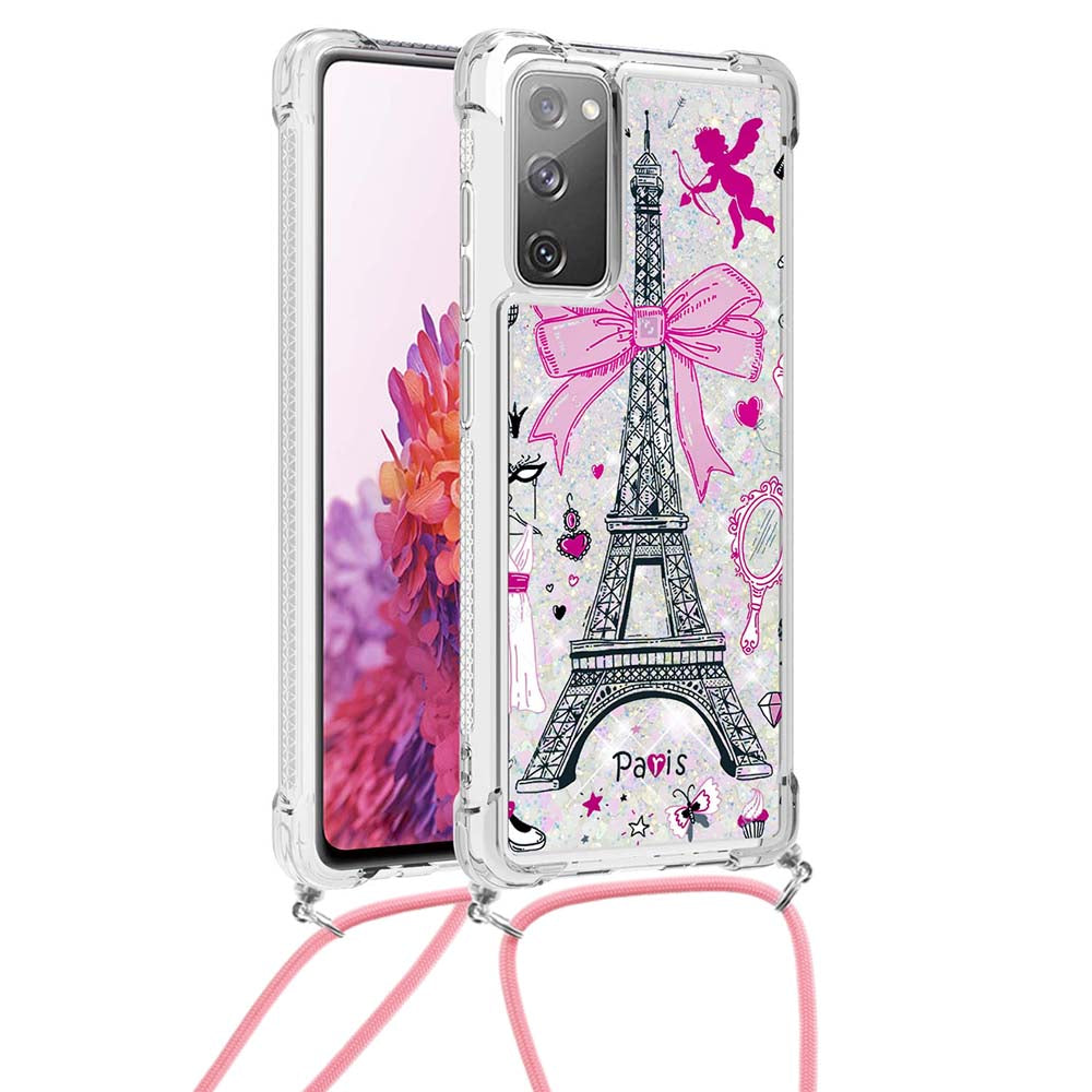 Sparkle Quicksand Series Soft TPU Pattern Printing Protective Back Case with Lanyard for Samsung Galaxy S20 FE 2022/S20 FE/S20 FE 5G/S20 Lite - Mirror/Tower