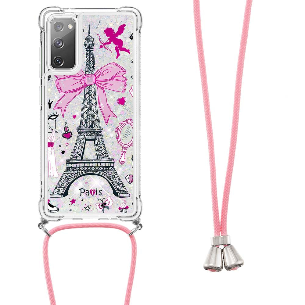 Sparkle Quicksand Series Soft TPU Pattern Printing Protective Back Case with Lanyard for Samsung Galaxy S20 FE 2022/S20 FE/S20 FE 5G/S20 Lite - Mirror/Tower