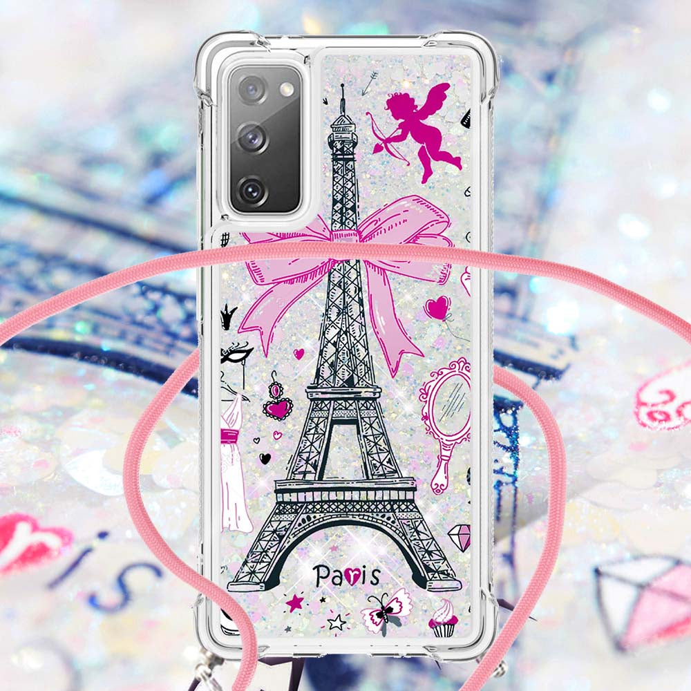 Sparkle Quicksand Series Soft TPU Pattern Printing Protective Back Case with Lanyard for Samsung Galaxy S20 FE 2022/S20 FE/S20 FE 5G/S20 Lite - Mirror/Tower