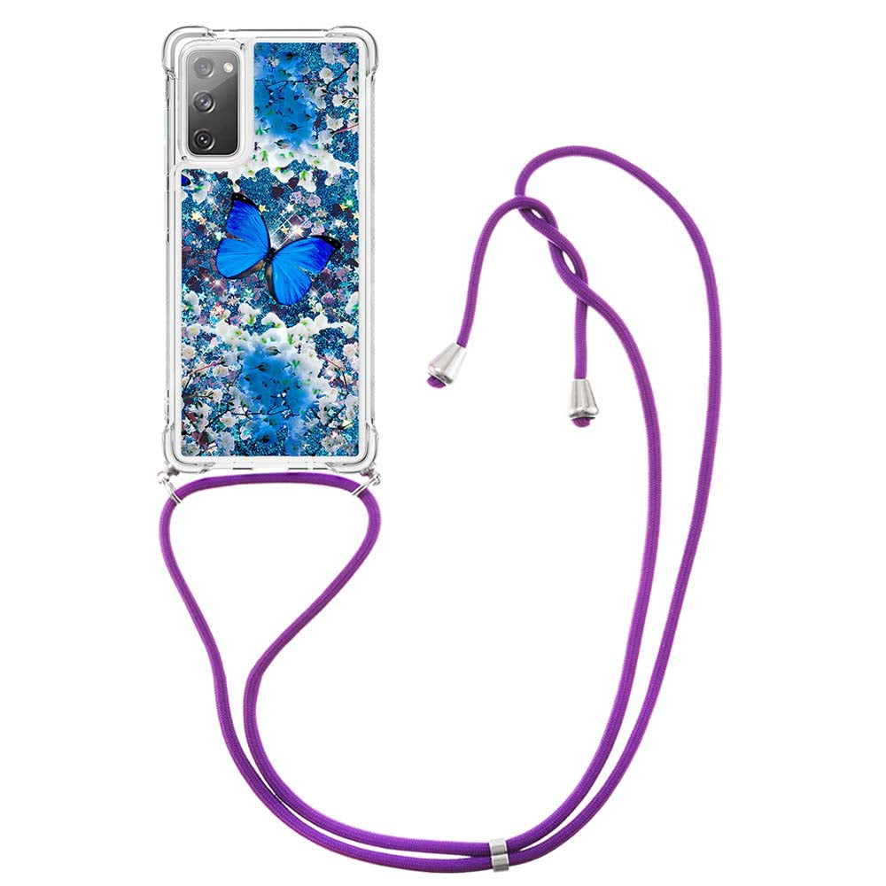 Sparkle Quicksand Series Soft TPU Pattern Printing Protective Back Case with Lanyard for Samsung Galaxy S20 FE 2022/S20 FE/S20 FE 5G/S20 Lite - Blue Butterfly