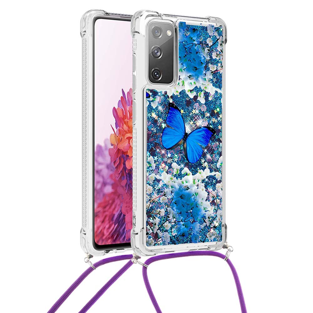 Sparkle Quicksand Series Soft TPU Pattern Printing Protective Back Case with Lanyard for Samsung Galaxy S20 FE 2022/S20 FE/S20 FE 5G/S20 Lite - Blue Butterfly