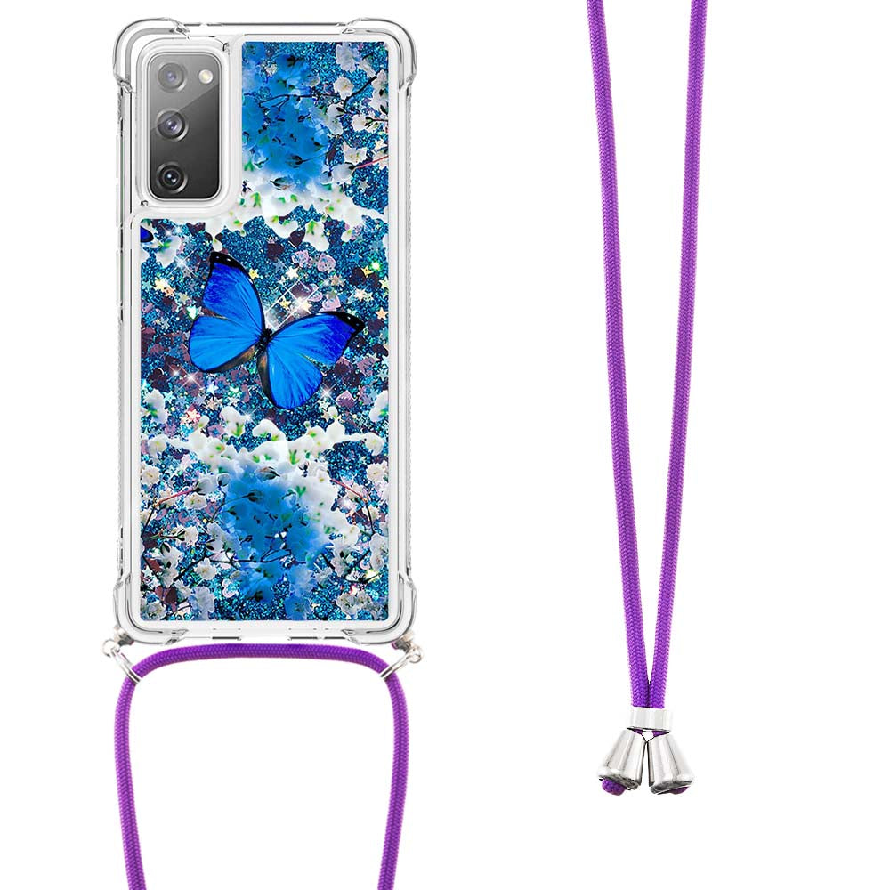 Sparkle Quicksand Series Soft TPU Pattern Printing Protective Back Case with Lanyard for Samsung Galaxy S20 FE 2022/S20 FE/S20 FE 5G/S20 Lite - Blue Butterfly