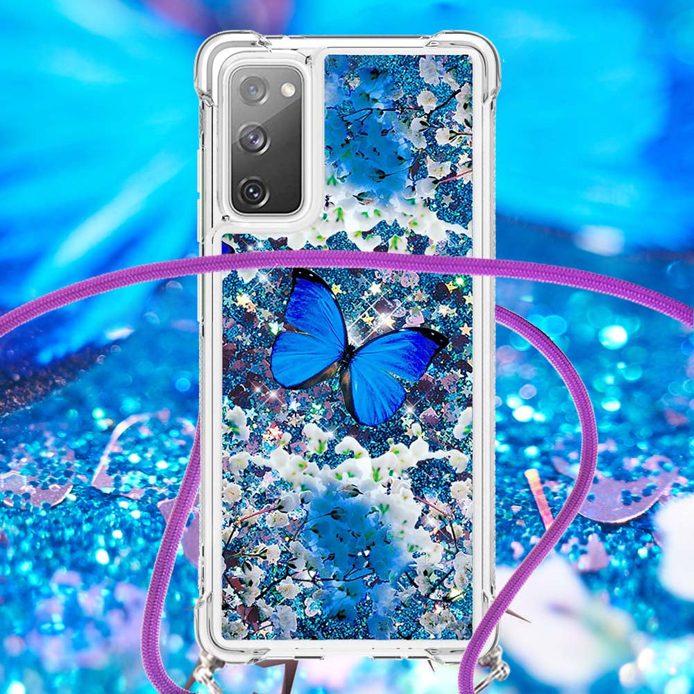 Sparkle Quicksand Series Soft TPU Pattern Printing Protective Back Case with Lanyard for Samsung Galaxy S20 FE 2022/S20 FE/S20 FE 5G/S20 Lite - Blue Butterfly