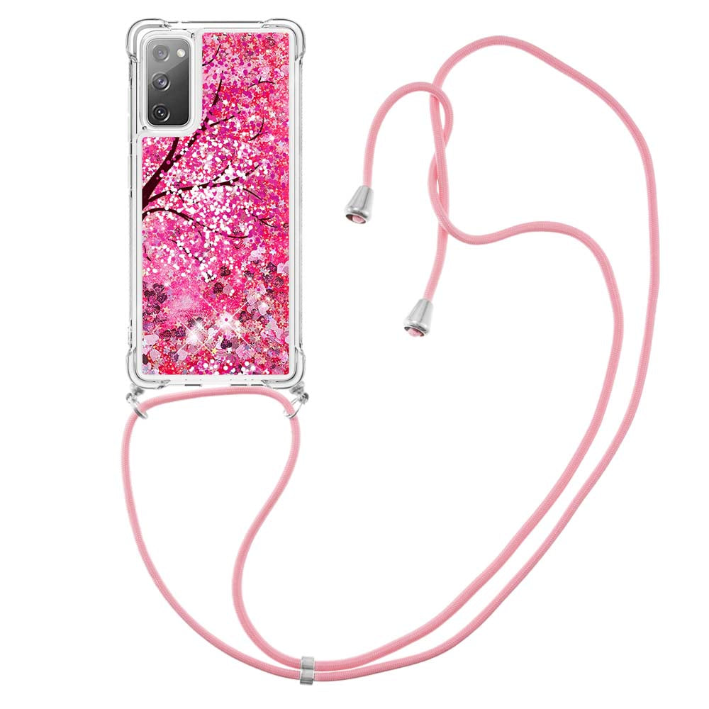 Sparkle Quicksand Series Soft TPU Pattern Printing Protective Back Case with Lanyard for Samsung Galaxy S20 FE 2022/S20 FE/S20 FE 5G/S20 Lite - Cherry Blossom