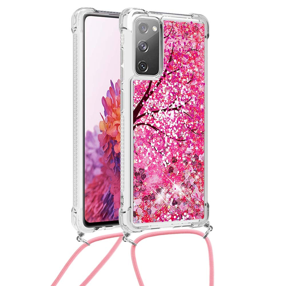 Sparkle Quicksand Series Soft TPU Pattern Printing Protective Back Case with Lanyard for Samsung Galaxy S20 FE 2022/S20 FE/S20 FE 5G/S20 Lite - Cherry Blossom