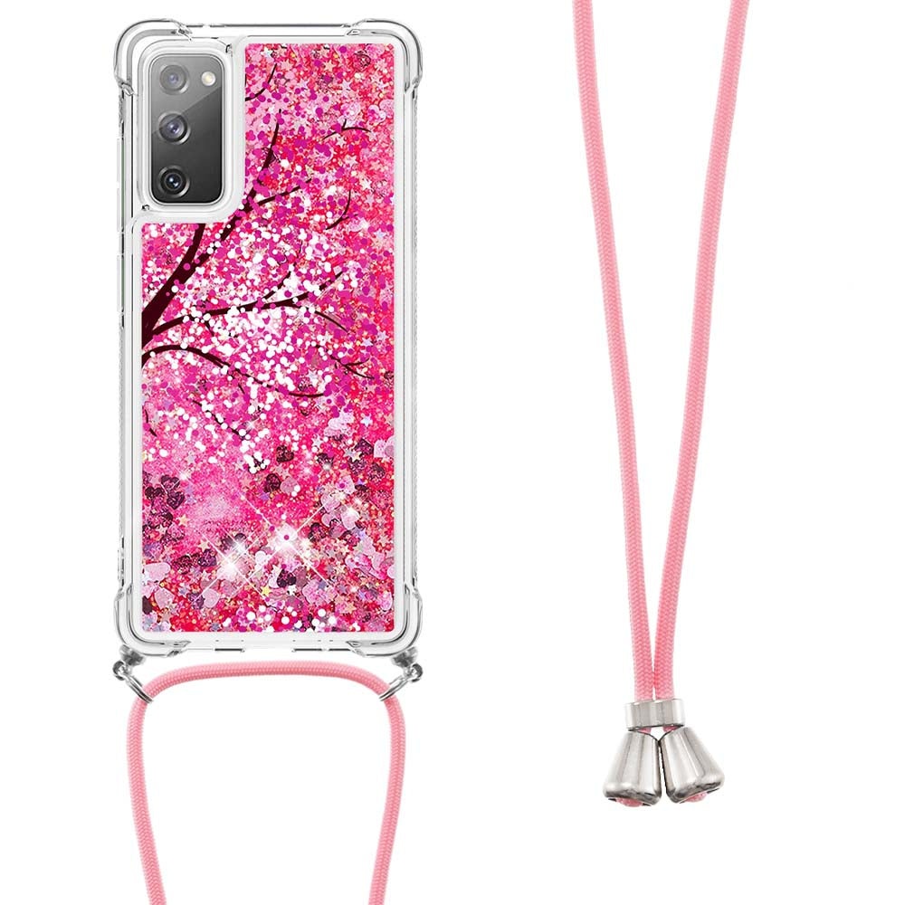 Sparkle Quicksand Series Soft TPU Pattern Printing Protective Back Case with Lanyard for Samsung Galaxy S20 FE 2022/S20 FE/S20 FE 5G/S20 Lite - Cherry Blossom