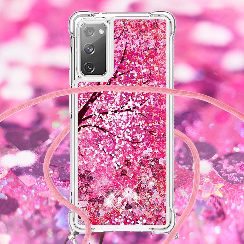 Sparkle Quicksand Series Soft TPU Pattern Printing Protective Back Case with Lanyard for Samsung Galaxy S20 FE 2022/S20 FE/S20 FE 5G/S20 Lite - Cherry Blossom