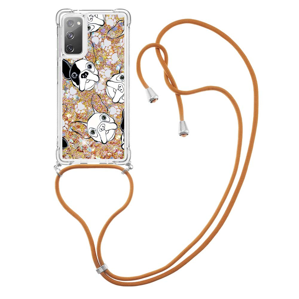 Sparkle Quicksand Series Soft TPU Pattern Printing Protective Back Case with Lanyard for Samsung Galaxy S20 FE 2022/S20 FE/S20 FE 5G/S20 Lite - Black/White Puppy