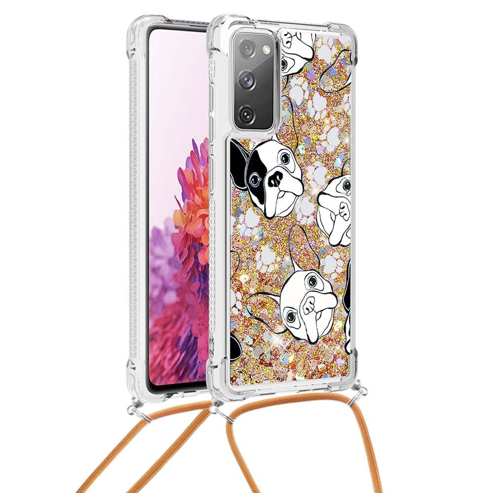 Sparkle Quicksand Series Soft TPU Pattern Printing Protective Back Case with Lanyard for Samsung Galaxy S20 FE 2022/S20 FE/S20 FE 5G/S20 Lite - Black/White Puppy