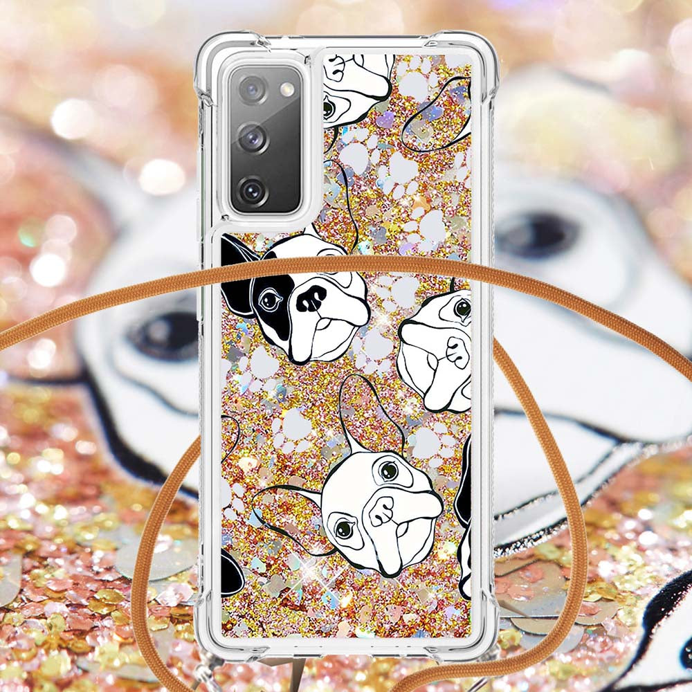 Sparkle Quicksand Series Soft TPU Pattern Printing Protective Back Case with Lanyard for Samsung Galaxy S20 FE 2022/S20 FE/S20 FE 5G/S20 Lite - Black/White Puppy