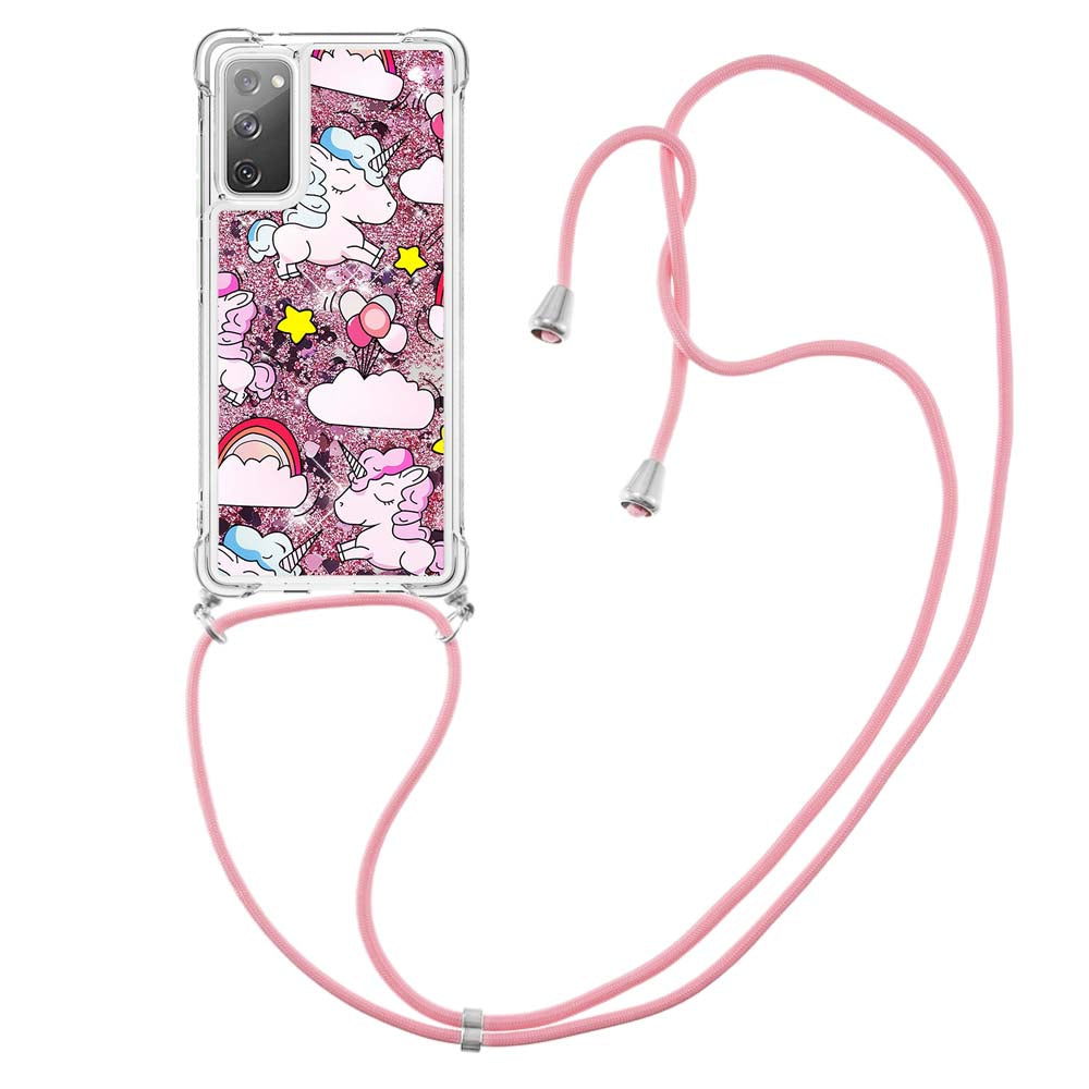 Sparkle Quicksand Series Soft TPU Pattern Printing Protective Back Case with Lanyard for Samsung Galaxy S20 FE 2022/S20 FE/S20 FE 5G/S20 Lite - Unicorns and Balloon