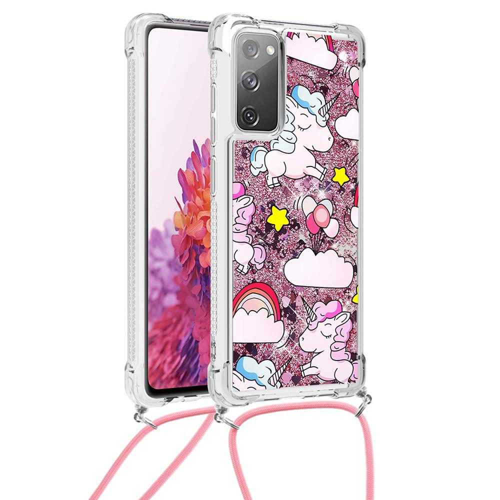 Sparkle Quicksand Series Soft TPU Pattern Printing Protective Back Case with Lanyard for Samsung Galaxy S20 FE 2022/S20 FE/S20 FE 5G/S20 Lite - Unicorns and Balloon