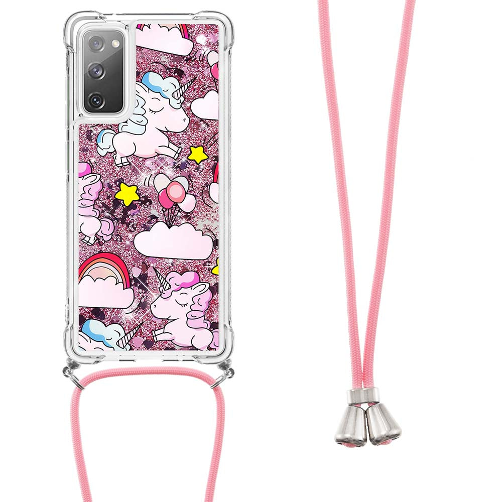 Sparkle Quicksand Series Soft TPU Pattern Printing Protective Back Case with Lanyard for Samsung Galaxy S20 FE 2022/S20 FE/S20 FE 5G/S20 Lite - Unicorns and Balloon