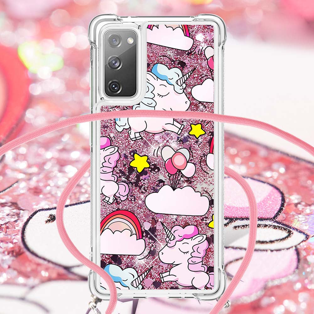 Sparkle Quicksand Series Soft TPU Pattern Printing Protective Back Case with Lanyard for Samsung Galaxy S20 FE 2022/S20 FE/S20 FE 5G/S20 Lite - Unicorns and Balloon