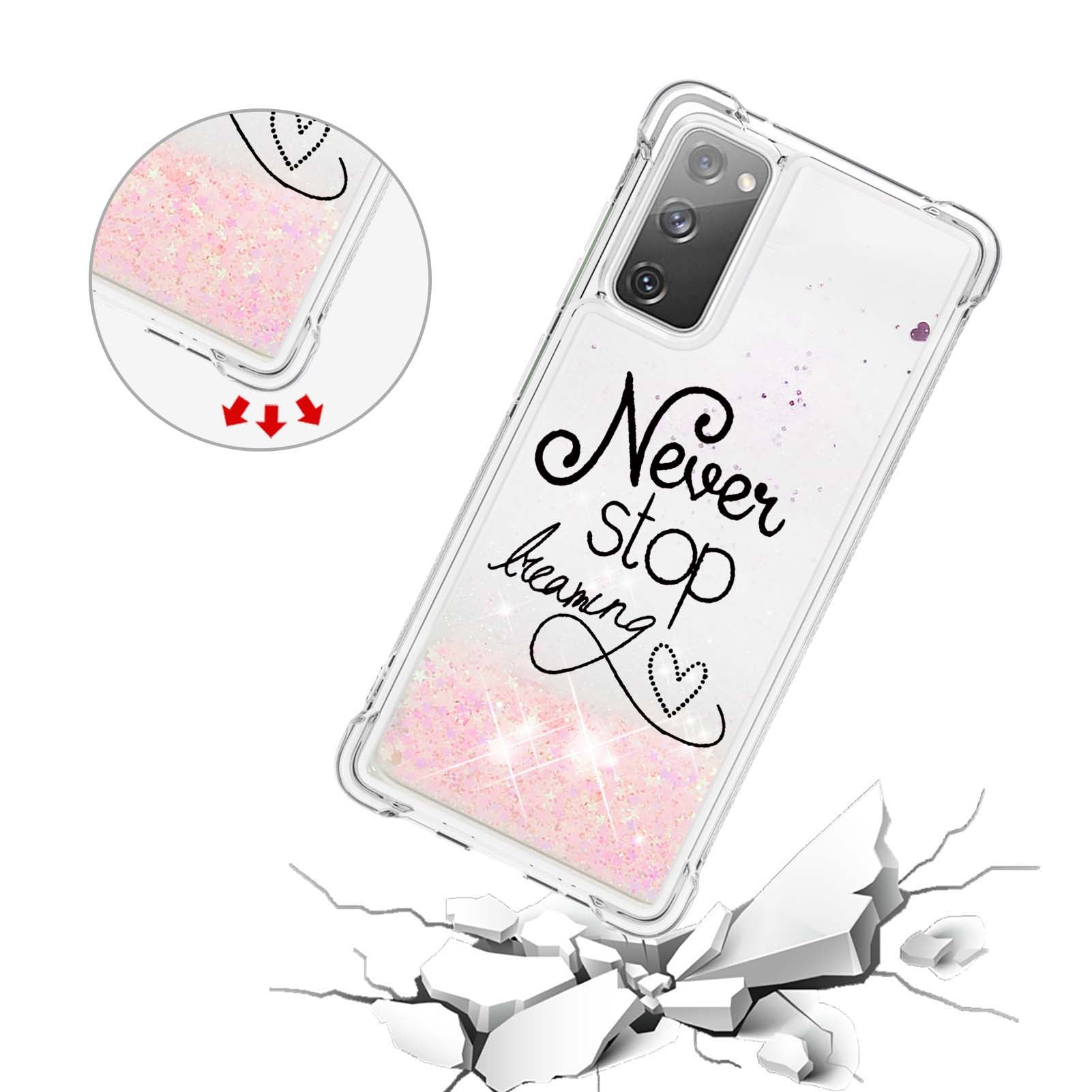 Quicksand Moving Bling Glitter Pattern Printing Clear Soft TPU Phone Case for Samsung Galaxy S20 FE 2022/S20 FE/S20 FE 5G/S20 Lite - Never Stop Dreaming