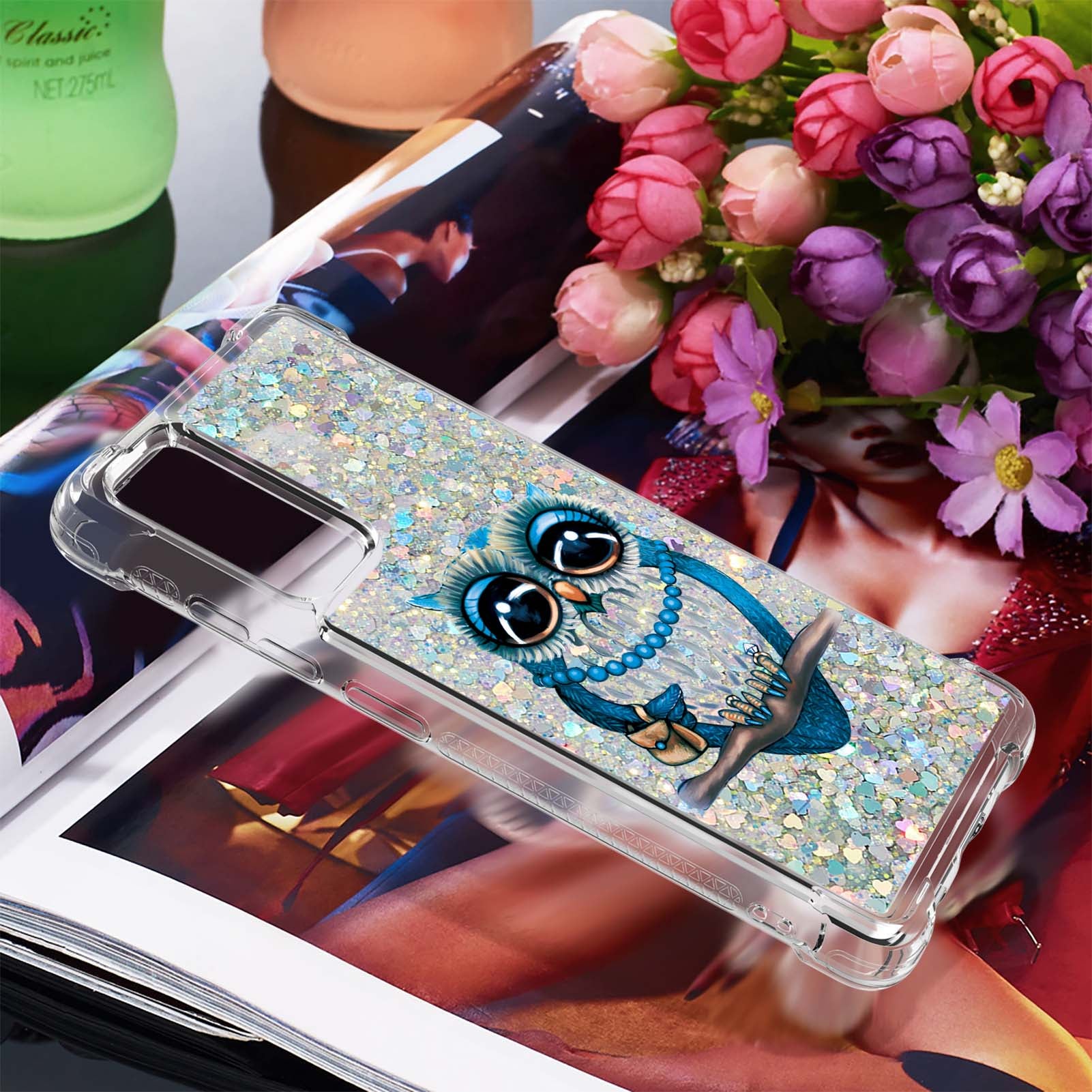 Quicksand Moving Bling Glitter Pattern Printing Clear Soft TPU Phone Case for Samsung Galaxy S20 FE 2022/S20 FE/S20 FE 5G/S20 Lite - Owl