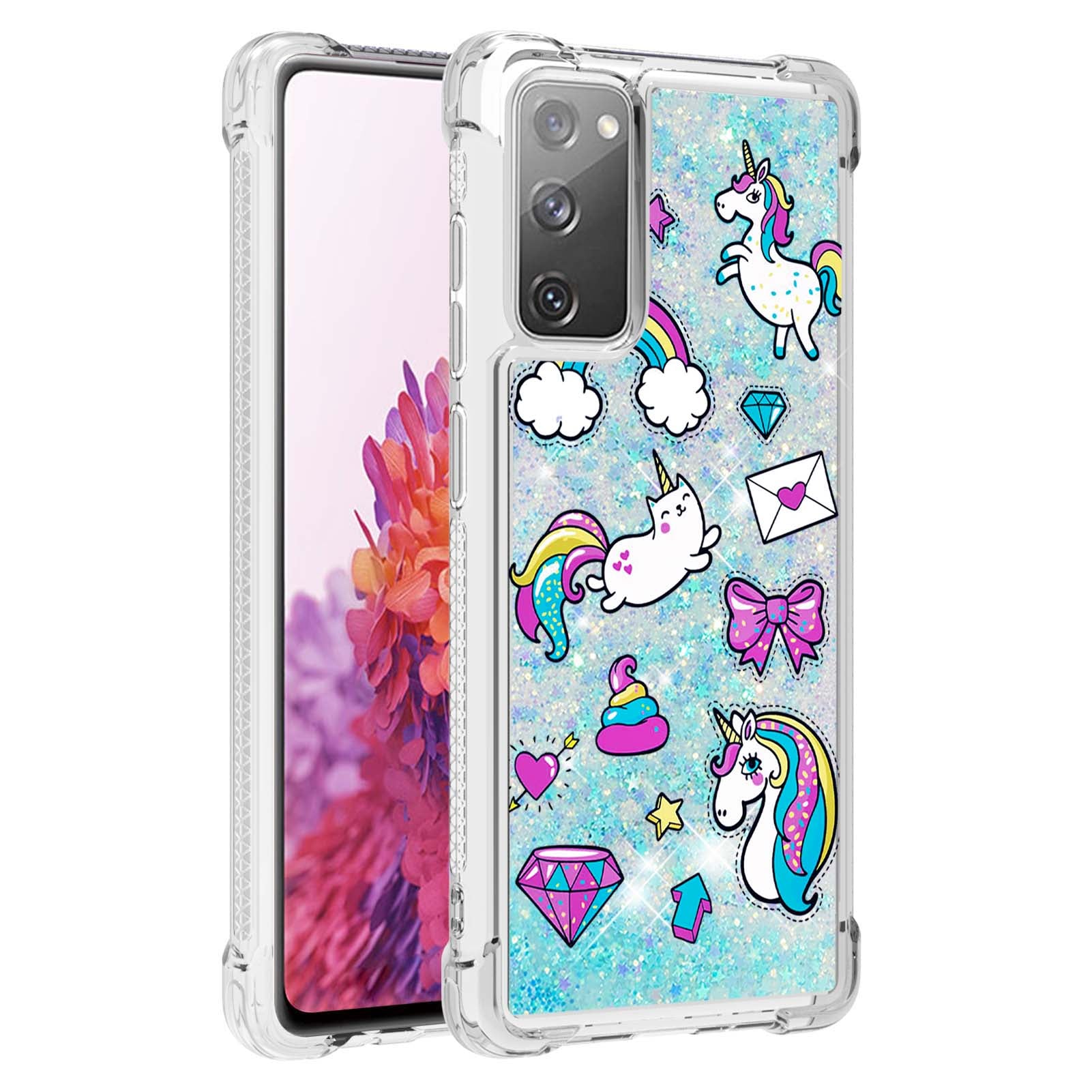 Quicksand Moving Bling Glitter Pattern Printing Clear Soft TPU Phone Case for Samsung Galaxy S20 FE 2022/S20 FE/S20 FE 5G/S20 Lite - Unicorns and Cat