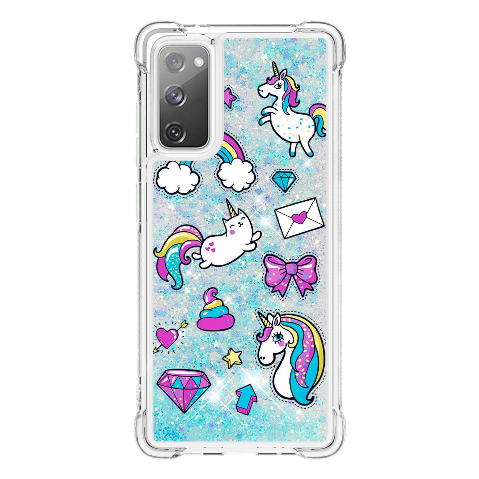 Quicksand Moving Bling Glitter Pattern Printing Clear Soft TPU Phone Case for Samsung Galaxy S20 FE 2022/S20 FE/S20 FE 5G/S20 Lite - Unicorns and Cat