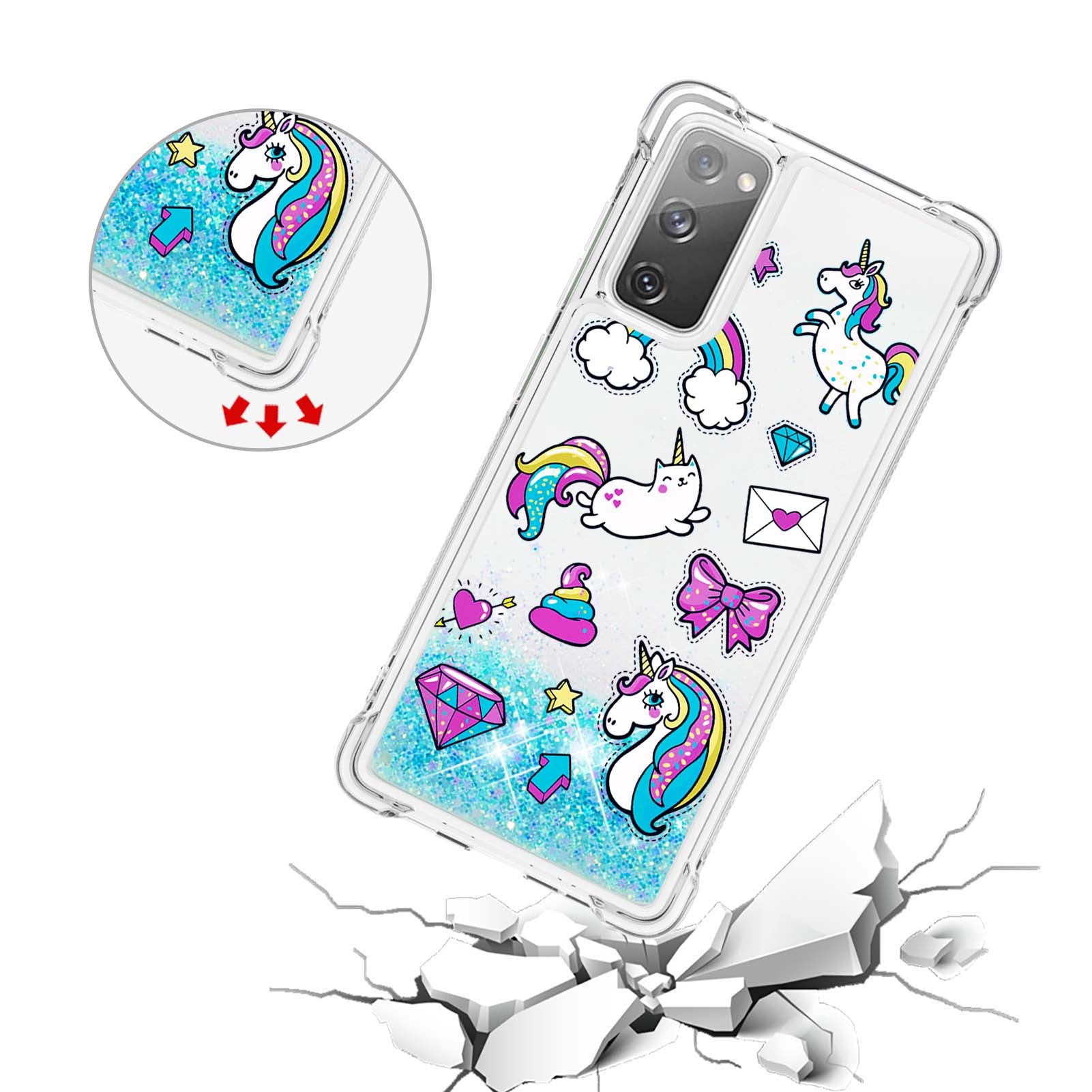 Quicksand Moving Bling Glitter Pattern Printing Clear Soft TPU Phone Case for Samsung Galaxy S20 FE 2022/S20 FE/S20 FE 5G/S20 Lite - Unicorns and Cat